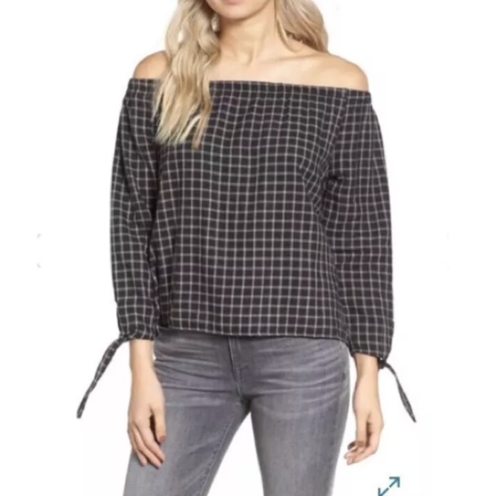 Madewell Black White Plaid Off The Shoulder Top Medium - Picture 3 of 5